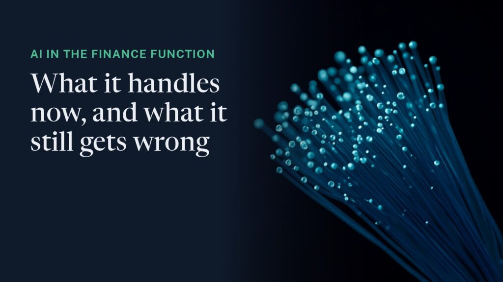 Cover: fibre-optic filaments in darkness with heavy bokeh, green light travelling through them. Overlaid: "AI in the finance function - what it handles now, and what it still gets wrong."