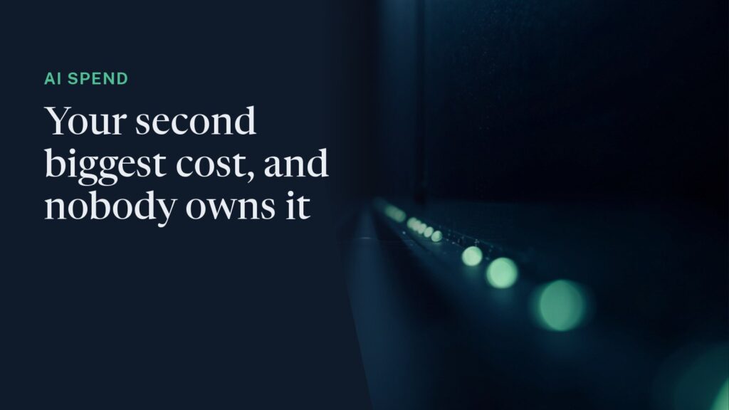 Cover: a row of server indicator lights receding into darkness, a scattering of them lit green. Overlaid: "AI spend - your second biggest cost, and nobody owns it."